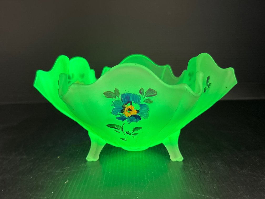 Vintage Uranium Glass Footed Bowl with Floral Painted Decoration