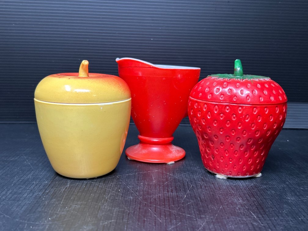 2 Figural Lidded Sugar Bowls- Apple & Strawberry and Red Creamer