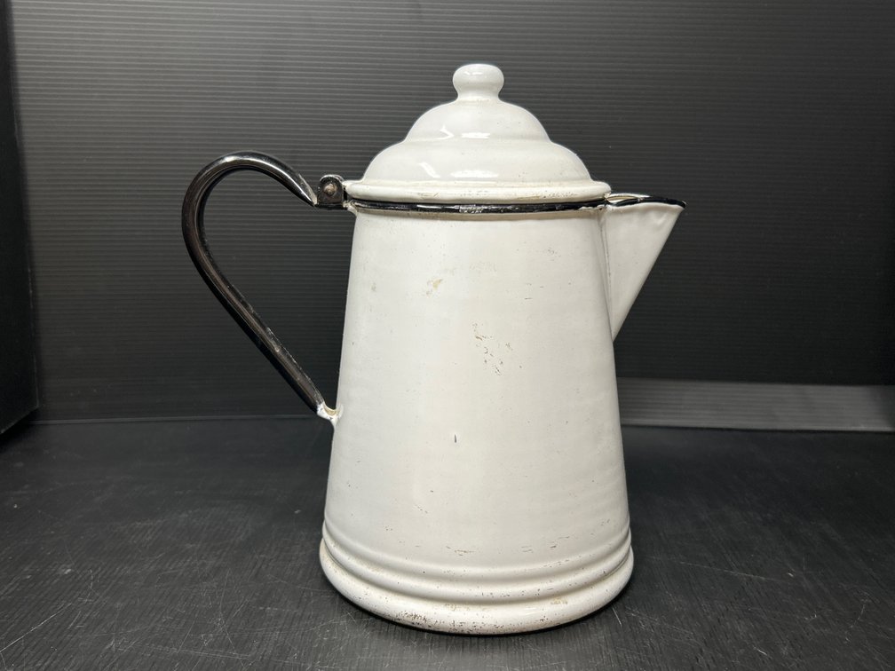 White Enamelware Coffee Pot with Black Rim & Handle