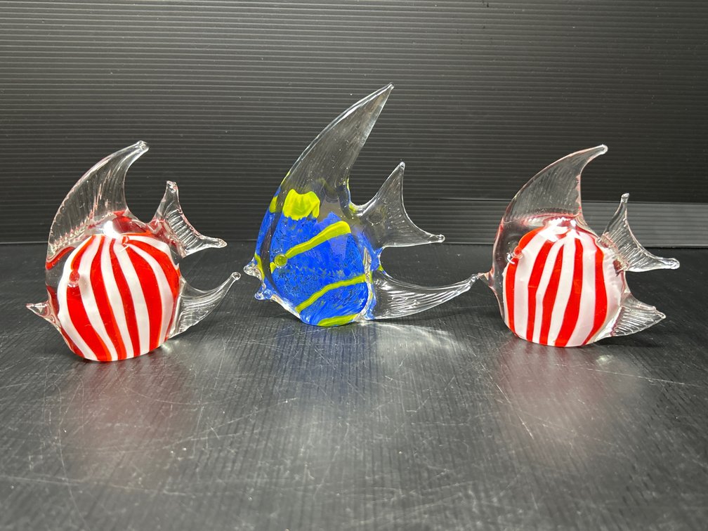 3 Blown Glass Fish- 2 Red & White, One is Blue & Yellow