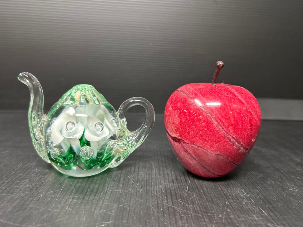2 Art Blown Glass Paperweights- Teapot with white Calla Lilies, Apple with Pinkish Swirl