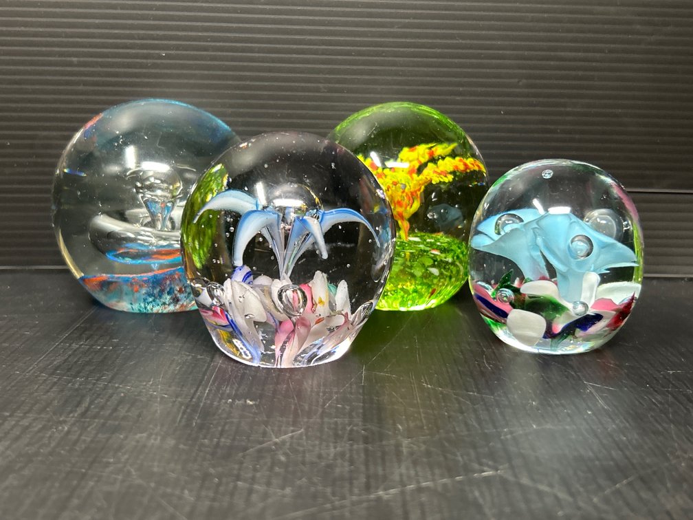 4 Art Blown Glass Paperweights- Blue/Red, Yellow/Orange Flower, 2 with Blue Flowers