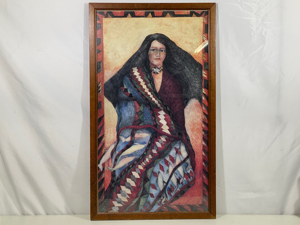 Framed Colored Print of Native American Woman Wrapped in Quilt