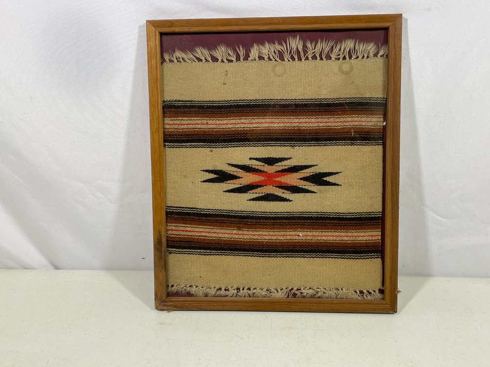 Framed Native American Weaving- Cream, Black, Orange, Peach, Rust with Fringed Edge