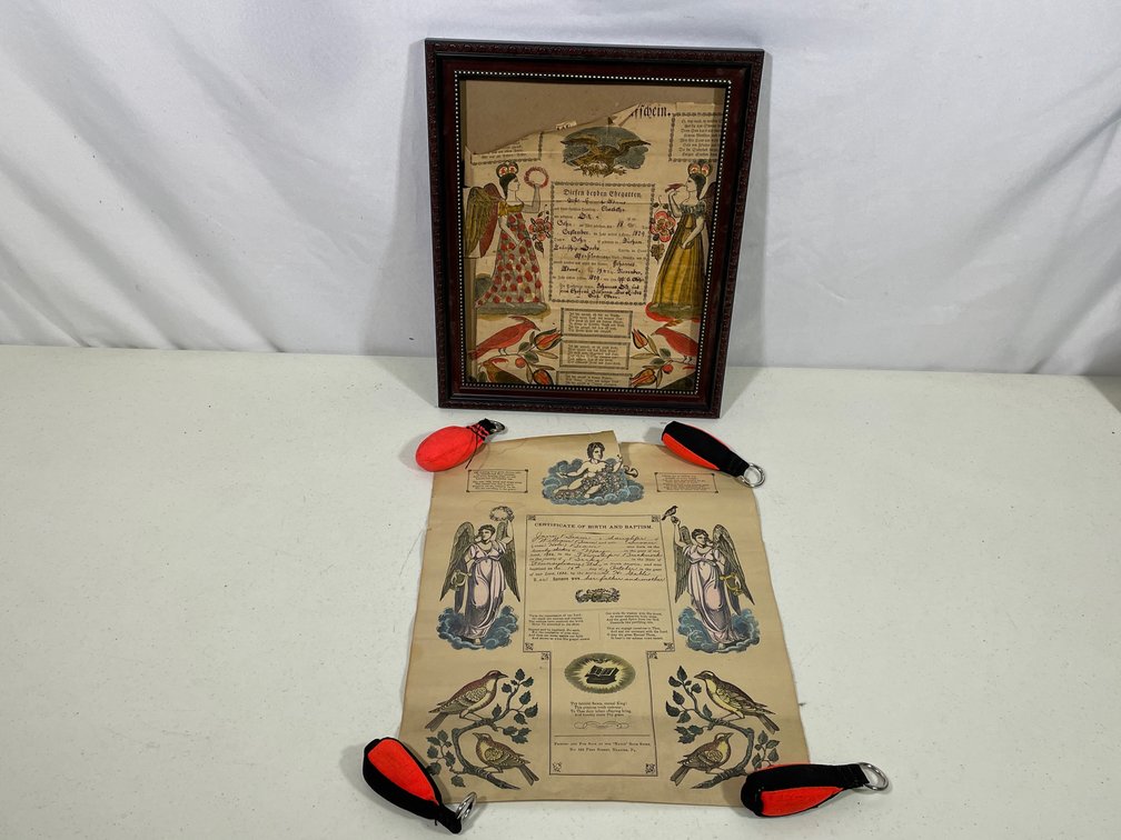 2 PA Dutch Taufscheins- 1829 Framed, 1882 Unframed