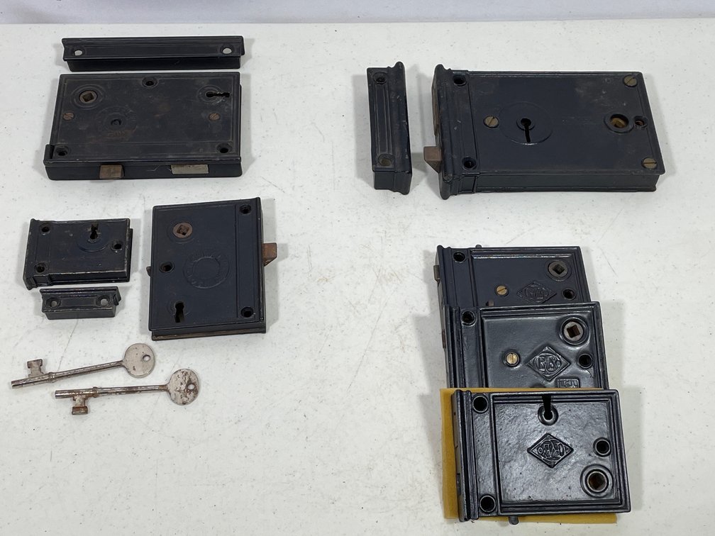Antique Cast Iron Door Hardware- 4 Rim Locks, Lock Catches, Keys