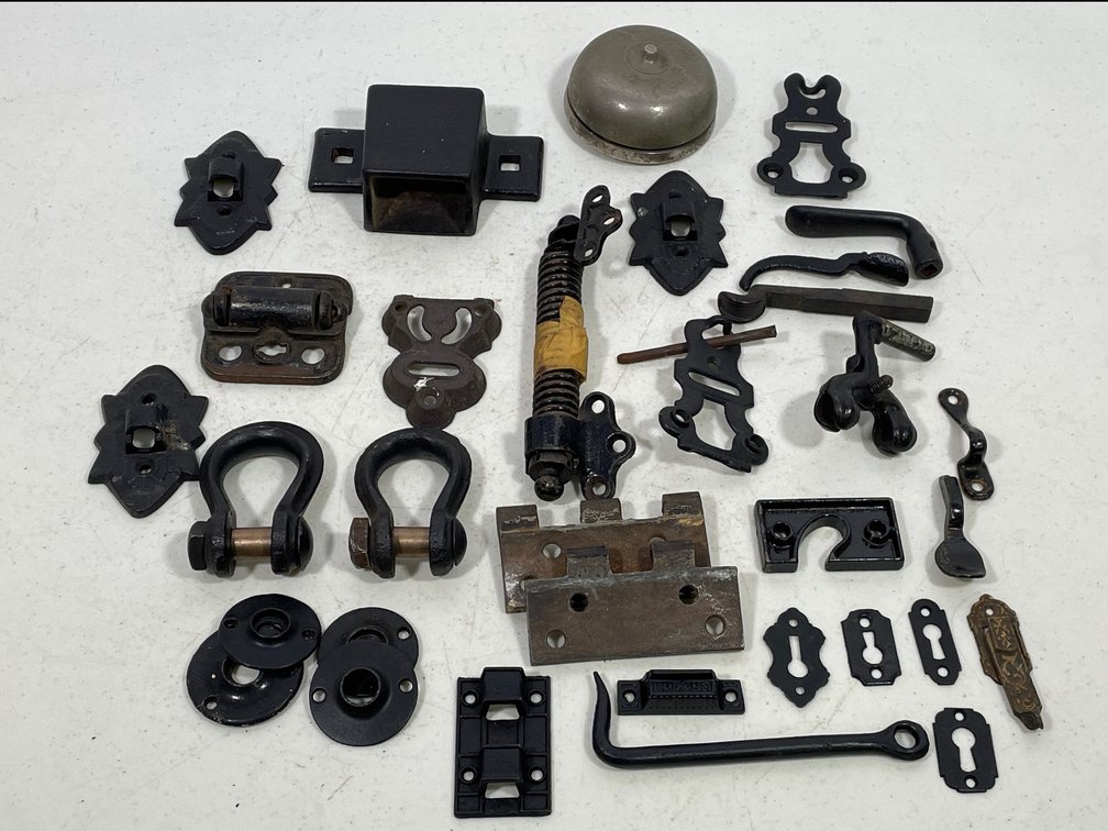 Antique Cast Iron Door Hardware- Hinges, Springs, Escutcheons, Clevises, Bell, Hook, More