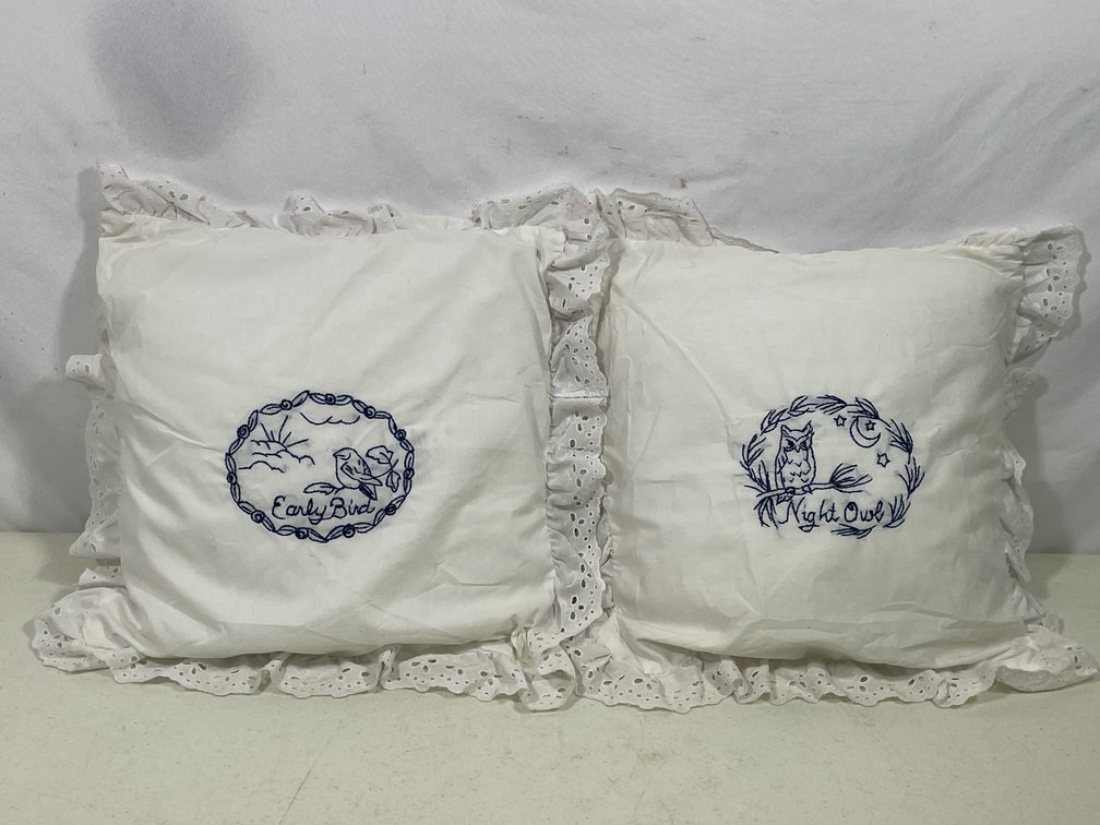 2 White Throw Pillow with Blue Embroidery "Early Bird" and "Night Owl"