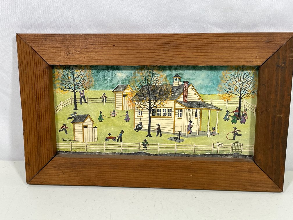 Framed Oil on Board Painting of Amish School Scene by Dolores Hackenberger
