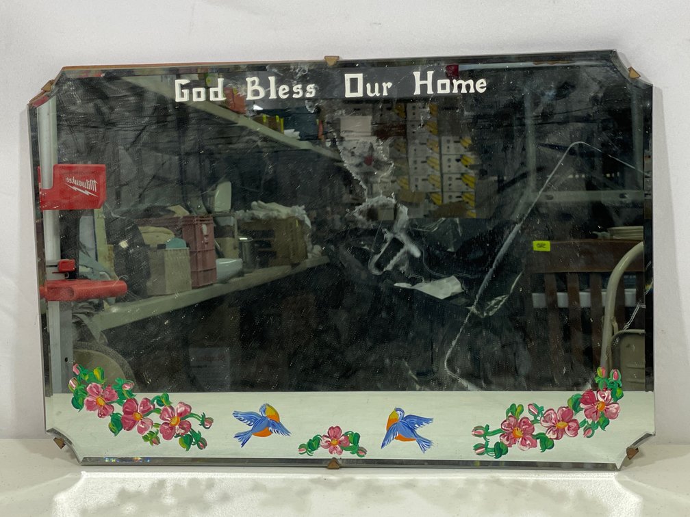 Decorated Wall Mirror "God Bless Our Home", Mirror with Cut Corners