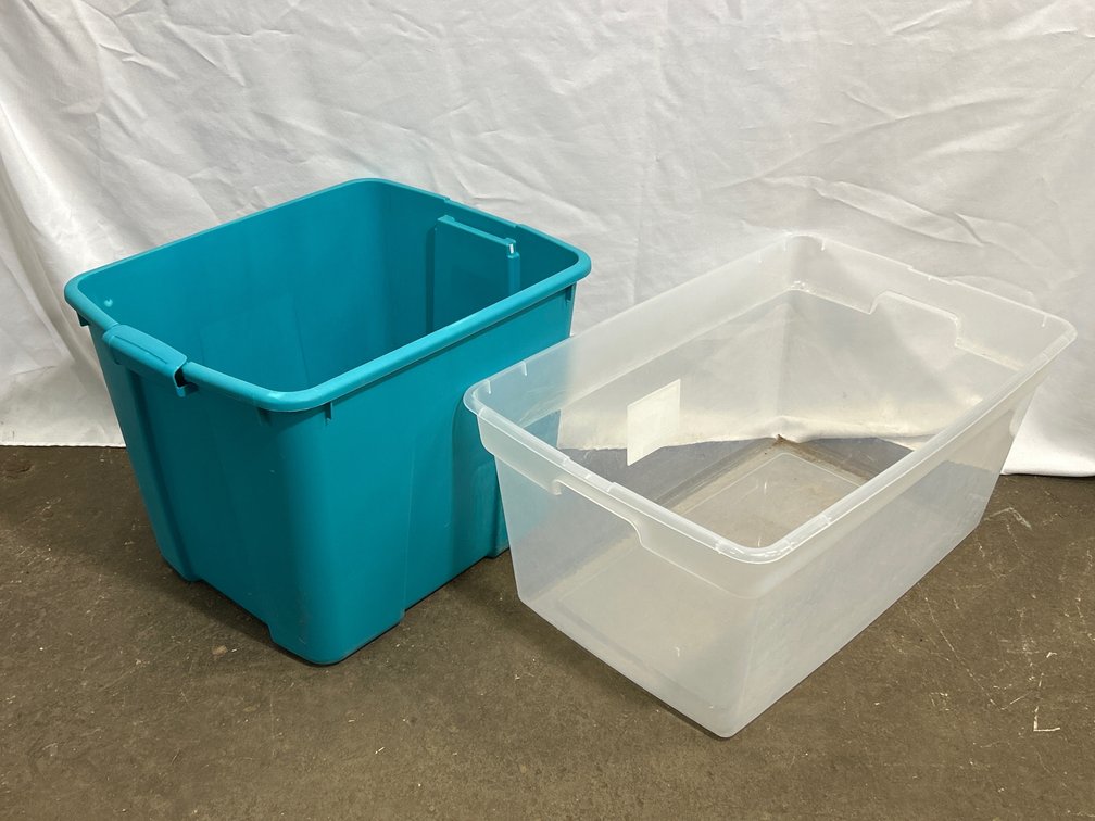 2 Plastic Storage Totes- Clear & Blue