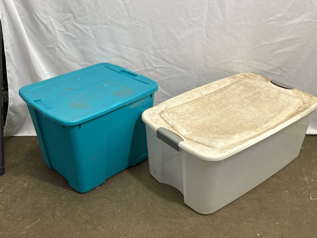 2 Plastic Storage Totes- White & Blue, Both with Lids