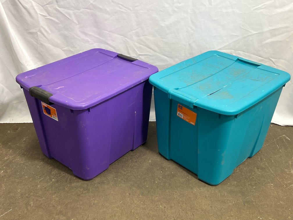 2 Plastic Storage Totes- Purple & Blue, Both with Lids