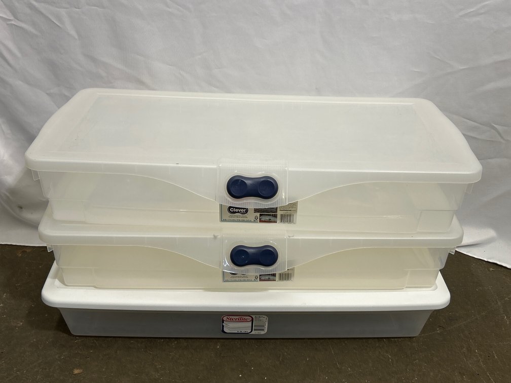 3 Plastic Under Bed Storage Totes- 2 w/ Clever Latch Lids, Other w/ Regular Lid