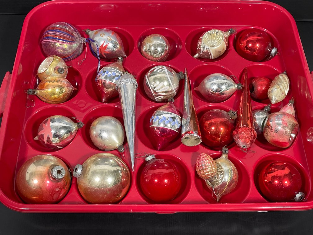 Sterilite Ornament Keeper with Vintage Christmas Ornaments, Approx. 25 Pieces