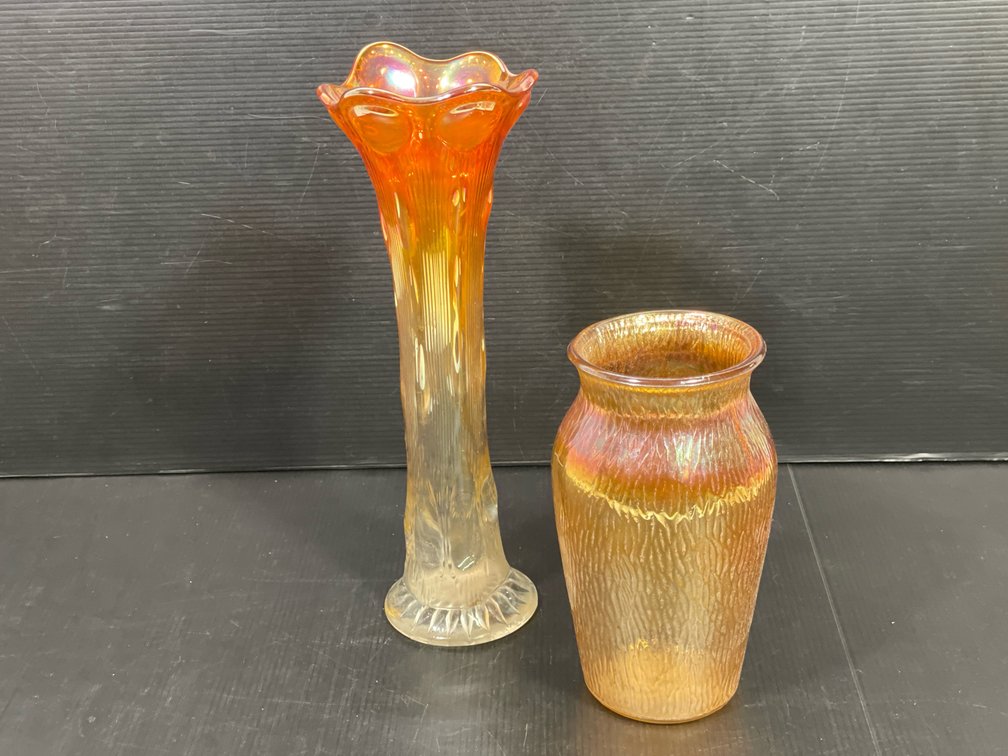 2 Marigold Iridescent Glass Pieces- Tall Vase and Jar Form Vase
