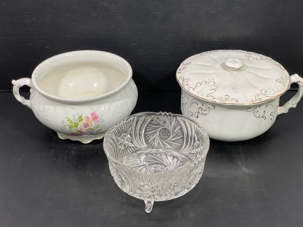 Footed Glass Bowl, 2 Chamber Pots- One with Lid