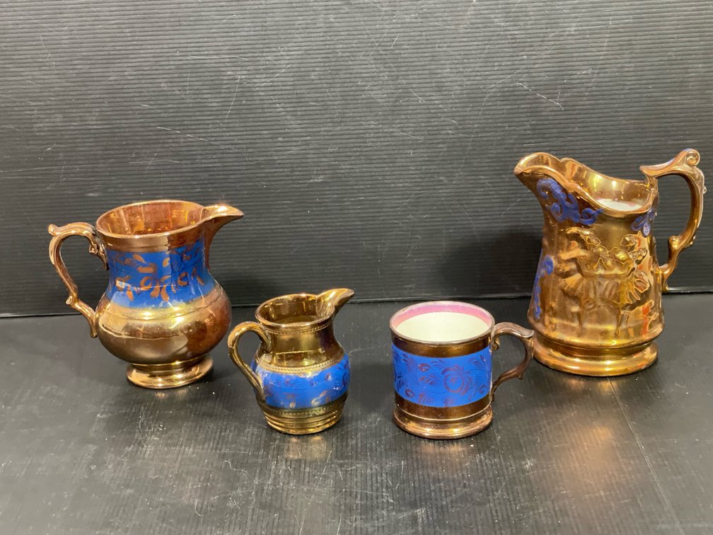 Copper Luster Lot- Pitcher, 2 Creamers and Mug, All with Blue Decoration