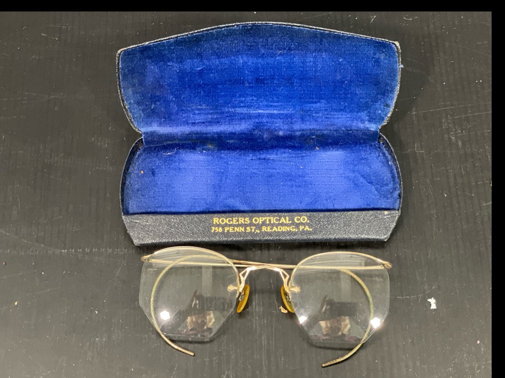 Pair of Vintage Wire-Framed Eyeglasses with Rogers Optical Co. Reading Pa. Case
