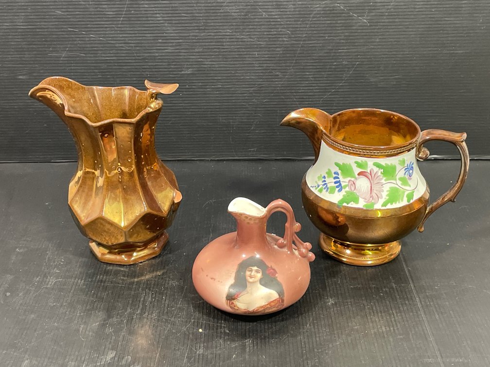 Copper Luster Pitcher, Creamer with Floral Decoration and Austrian Portrait Creamer
