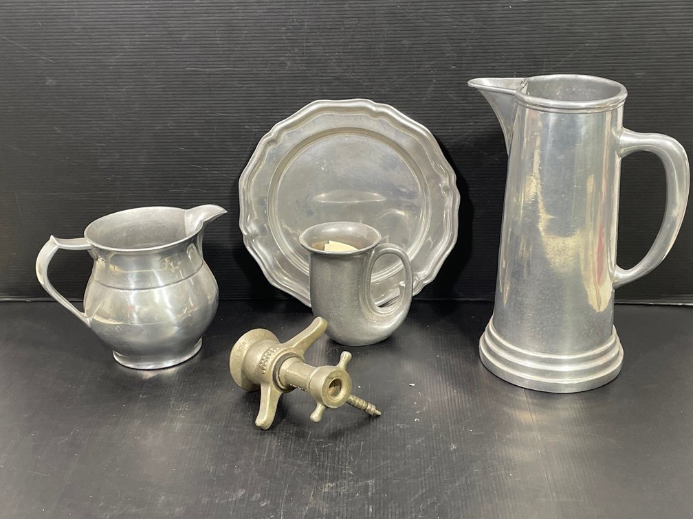 Cast Metal Pitcher, Creamer, Plate, Horn Mug and Peerless Hi-Boy Beer Keg Tap