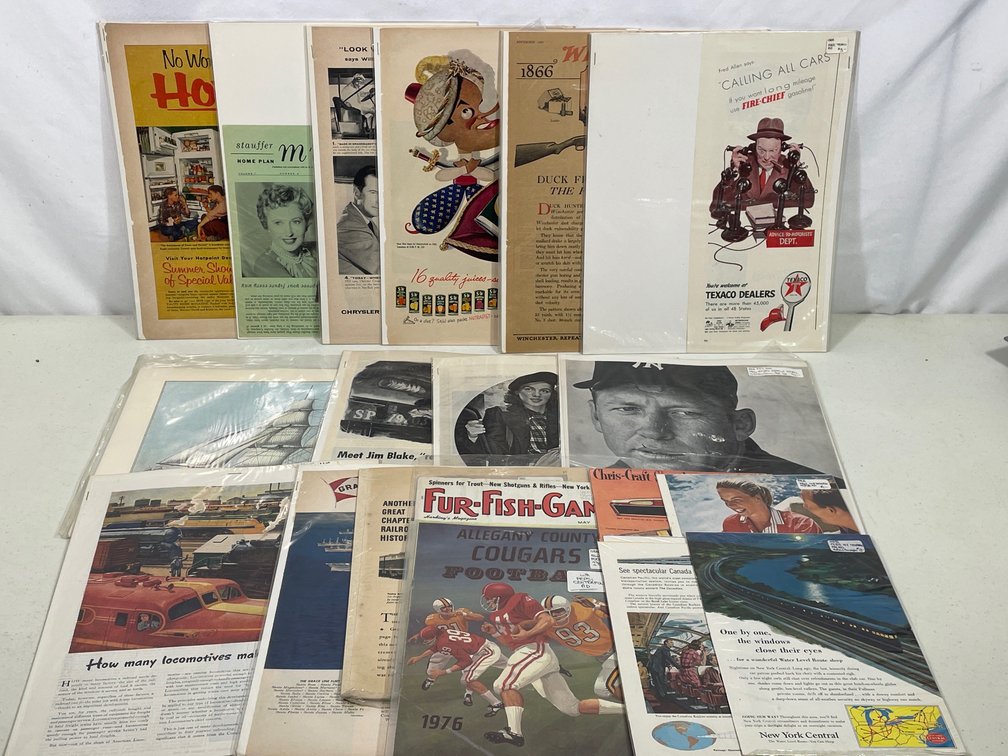 Large Grouping of Magazine Pages- Advertisements, Articles, Fur Fish & Game Magazine