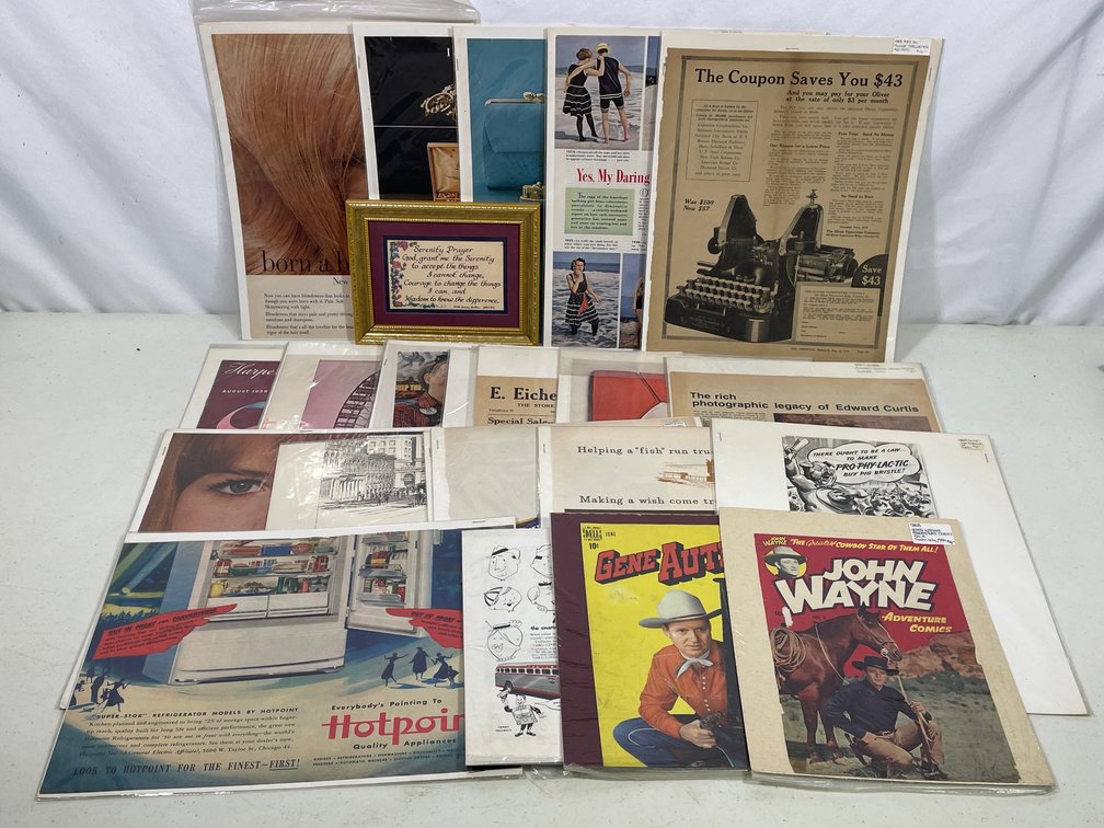 Grouping of Pages- Advertisements, Articles, Cowboy Booklets, Framed Serenity Prayer