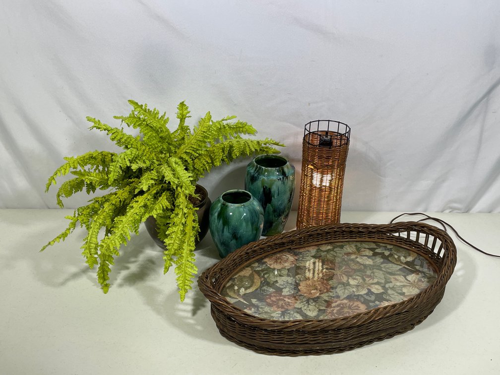 Potted Artificial Plant, Pair of Ceramic Vases, Floral/Wicker Tray, Wicker Table Lamp