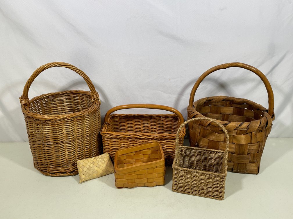 6 Assorted Woven Baskets- Some with Handles, Small "Pouch"