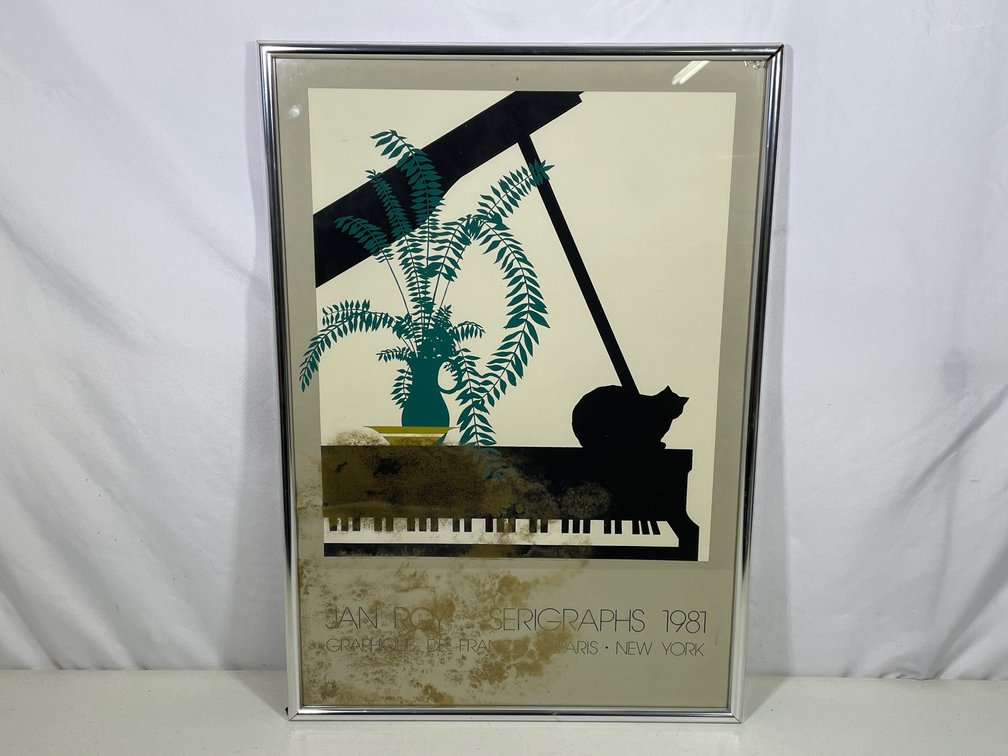 Framed Poster with Cat on Piano "Jan Roy Serigraphs 1981"
