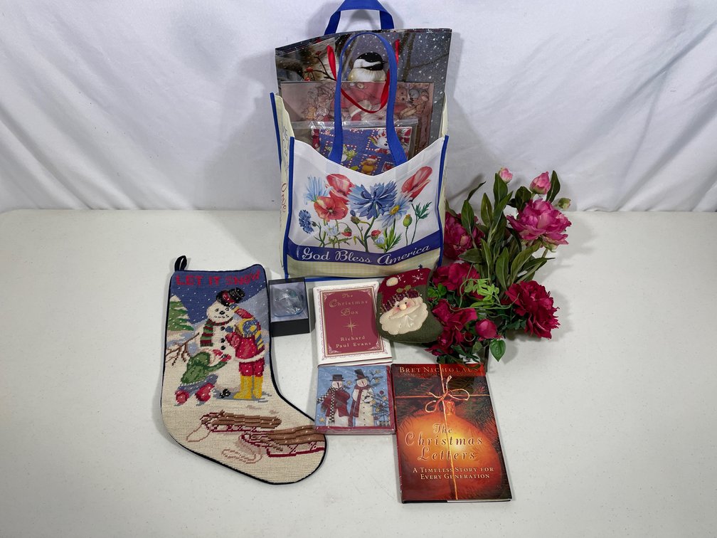 Holiday Gift Bags, Needlepoint Stocking, Cards, Artificial Flowers, Book, More