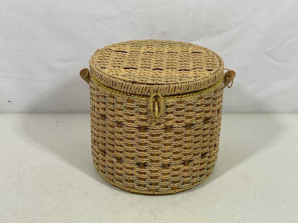 Woven Lidded Sewing Box with Contents