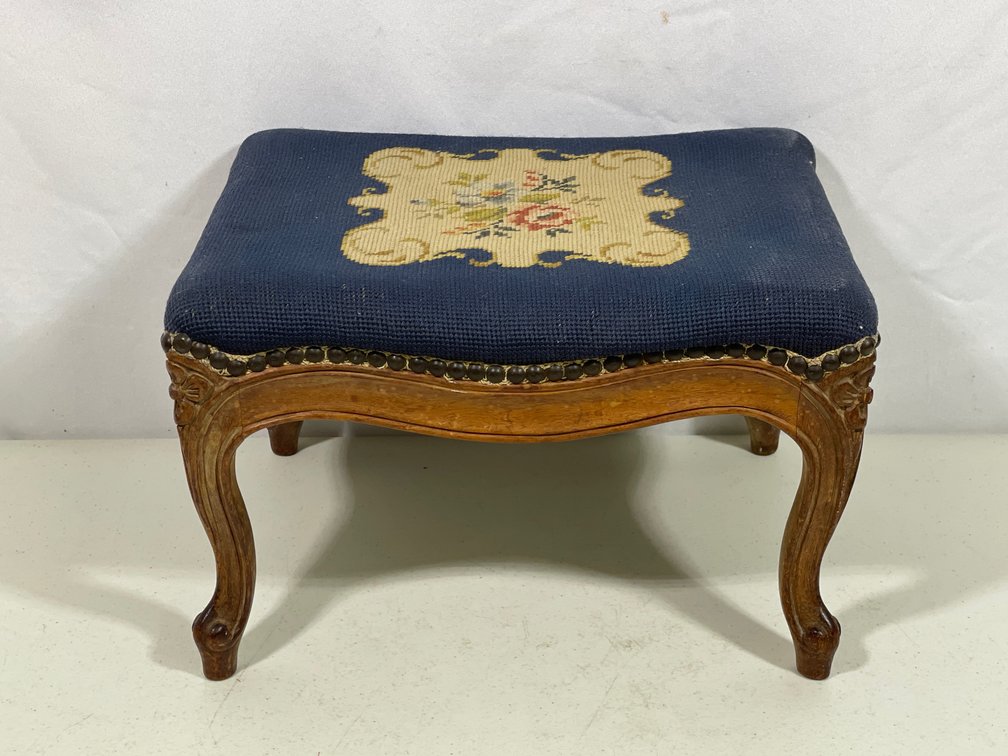 Wood Framed Stool with Needlepoint Floral Top