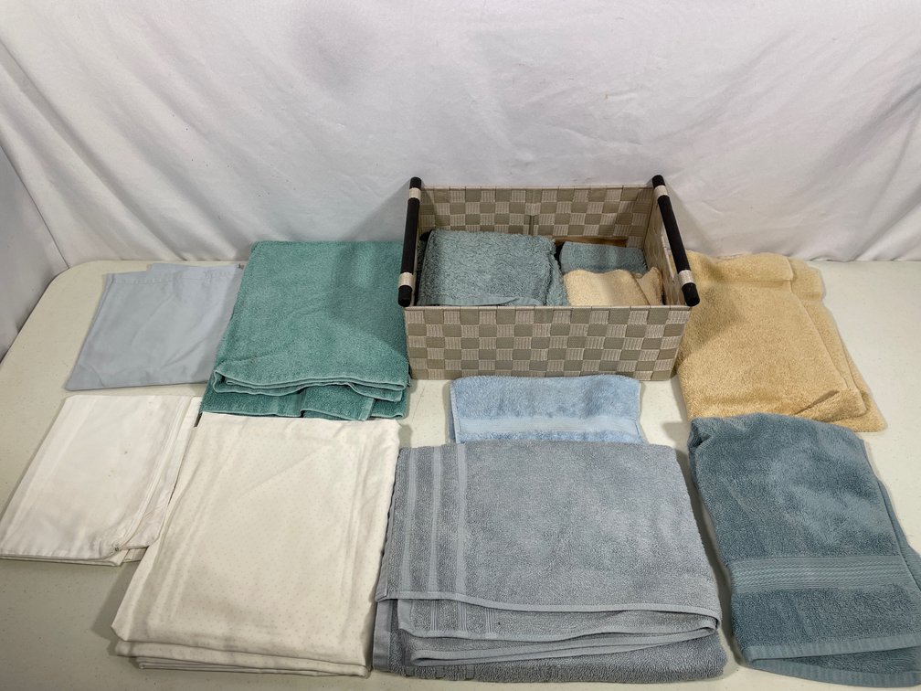 Woven Basket with Wood Handles, Bath Towels, Hand Towels, Wash Cloths