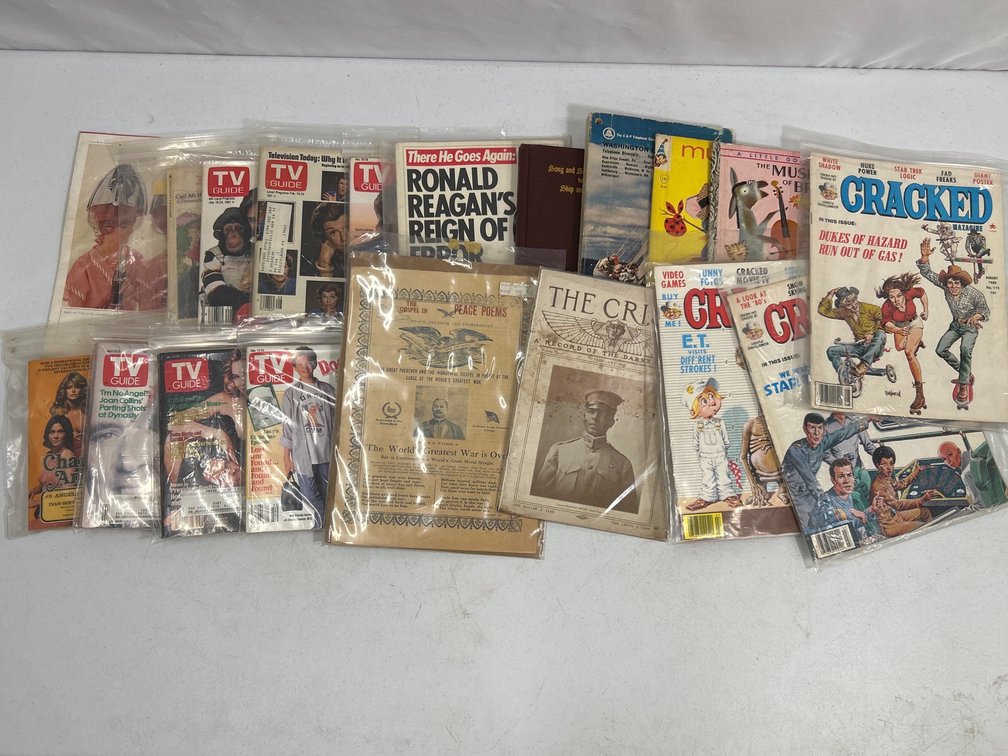 TV Guides, Cracked Magazine, 2 Children's Books, Booklets "The Crisis", Peace Poems