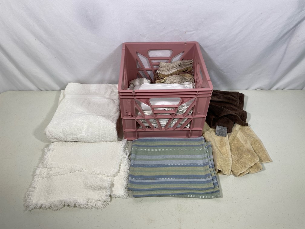 Pink Crate with Table Linens, Wash Cloths, Towels