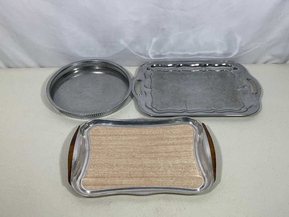3 Stainless Steel Trays- Round, Rectangular and Rectangular w/ Woodgrain Look Interior