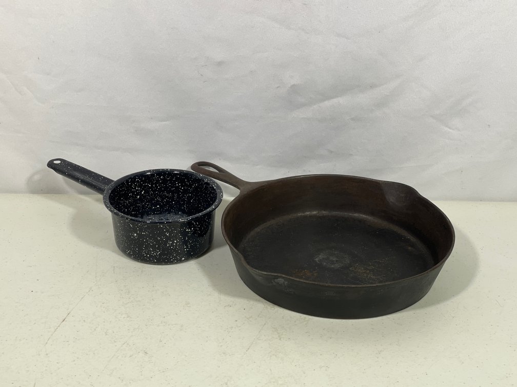 Wagner #9 Cast Iron Skillet and Enamelware Sauce Pan