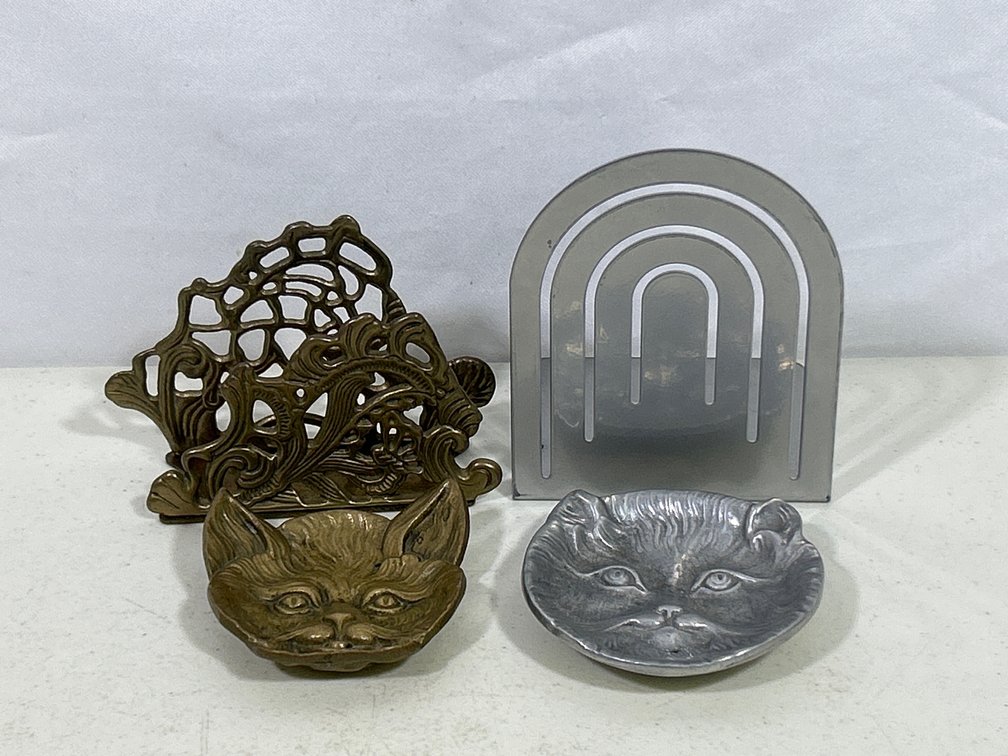 Pewter & Brass Cat Head Bowls, Brass Bookends, Metal "Rainbow" Shape Bookend