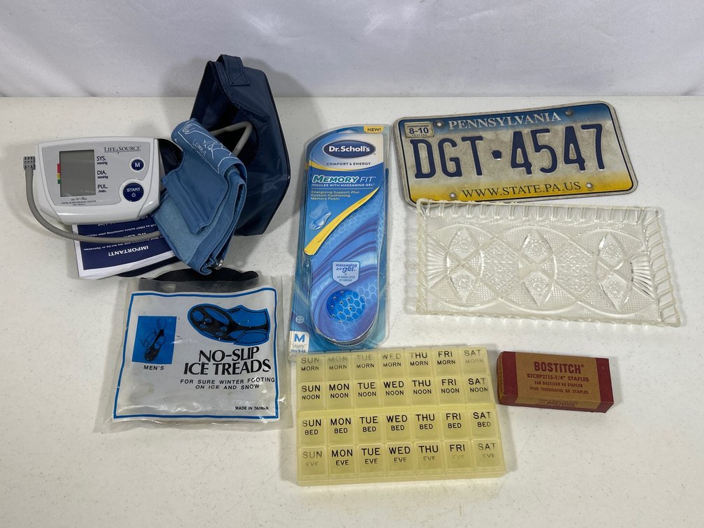 Life Source Blood Pressure Monitor, Pill Box, Ice Treads, PA License Plate, Relish Tray, Etc.
