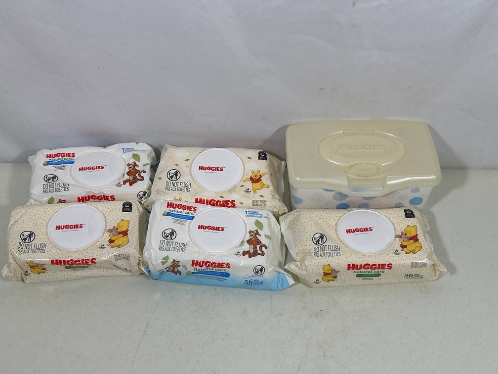 6 Containers of Huggies Baby Wipes- One in Plastic Dispenser