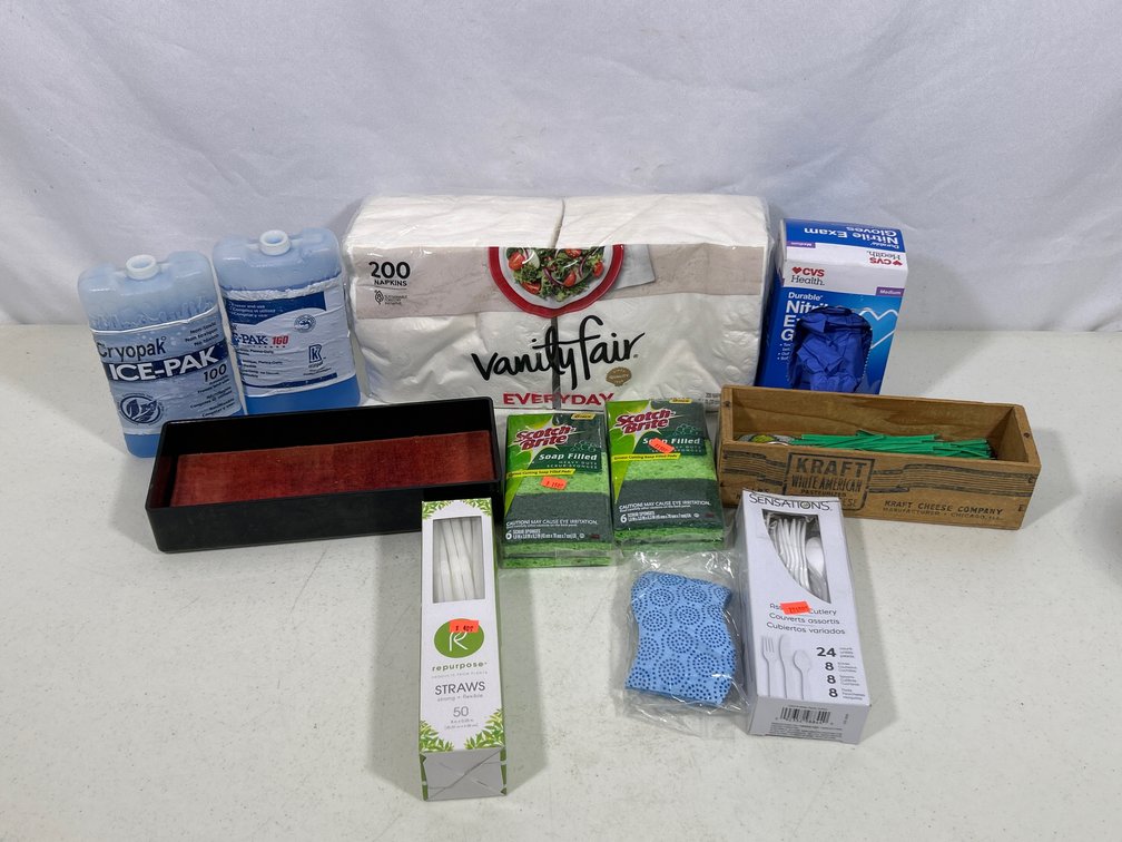 2 Ice Packs, Vanity Fair Napkins, Straws, Scotch Brite Soap Pads, Nitrile Gloves, More