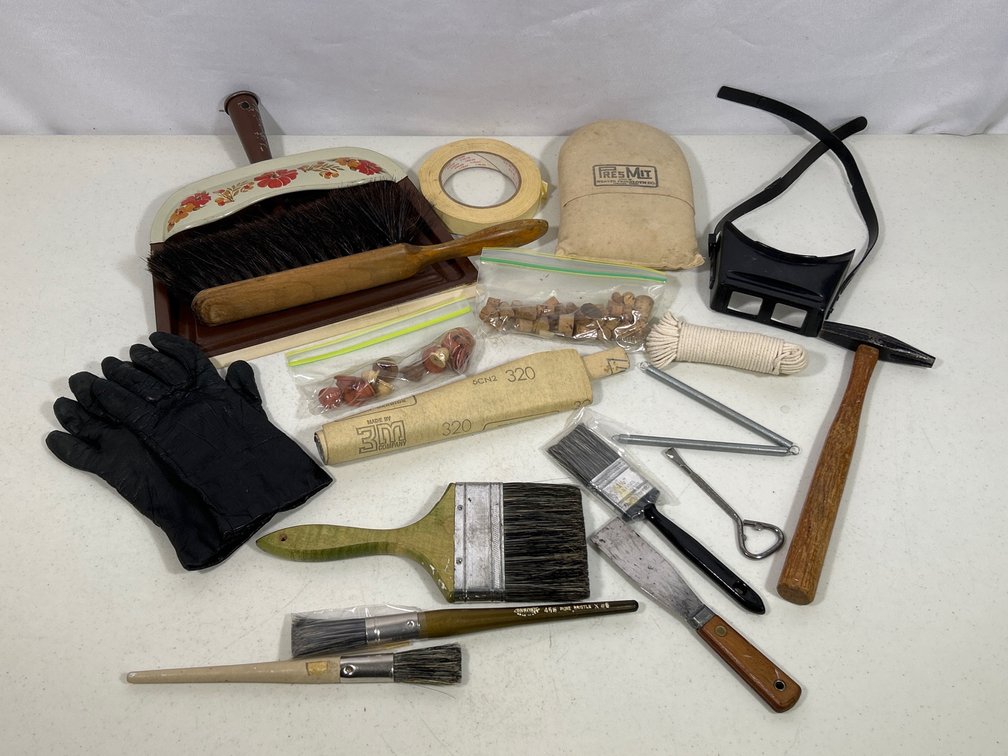Dust Pan & Brush, Paint Brushes, Gloves, Tack Hammer, Rope, Tape, Magnifying Glasses