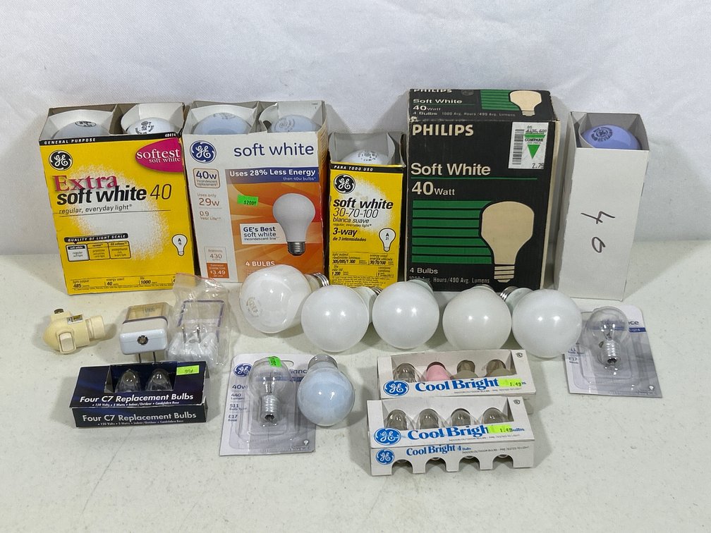 Light Bulbs Lot- Assortment of 40W, C7 and 3-Way Bulbs, Some Others