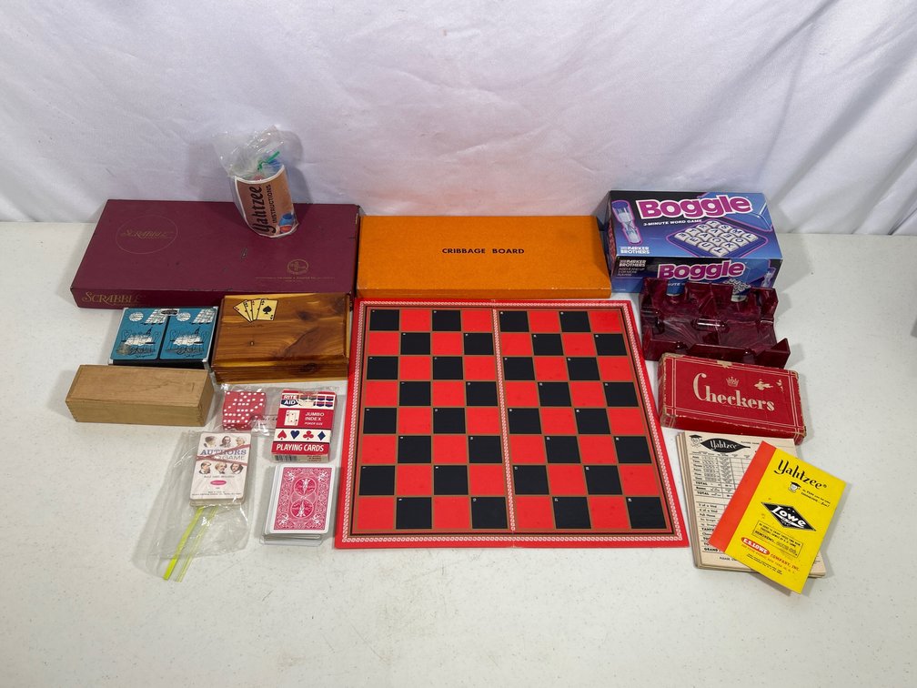 Games Lot- Scrabble, Yahtzee, Boggle, Checkers, Playing Cards, Dice, More