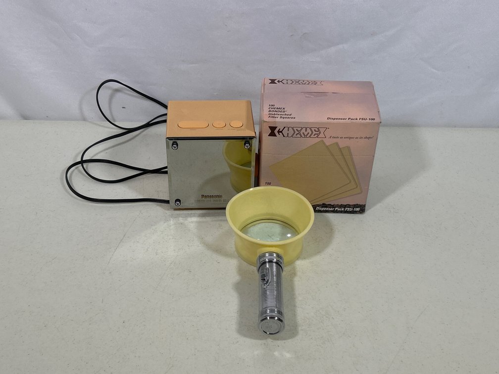 Chemex Coffee Filters, Panasonic AM/FM Radio/Alarm Clock, Magnifying Flash Light?