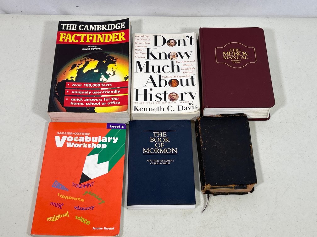 Books Lot Including Bible, Book of Mormon, Merck Manual, 3 Other Titles