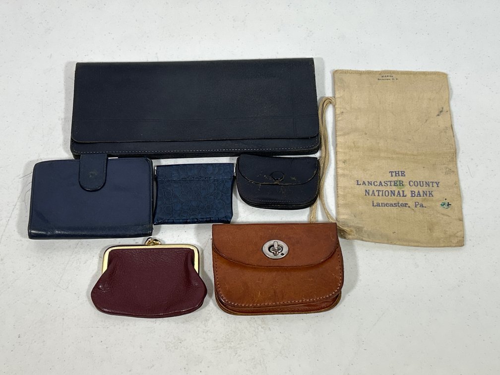 Assorted Leather Wallets, Change Purses, Lancaster County National Bank Cloth Bag