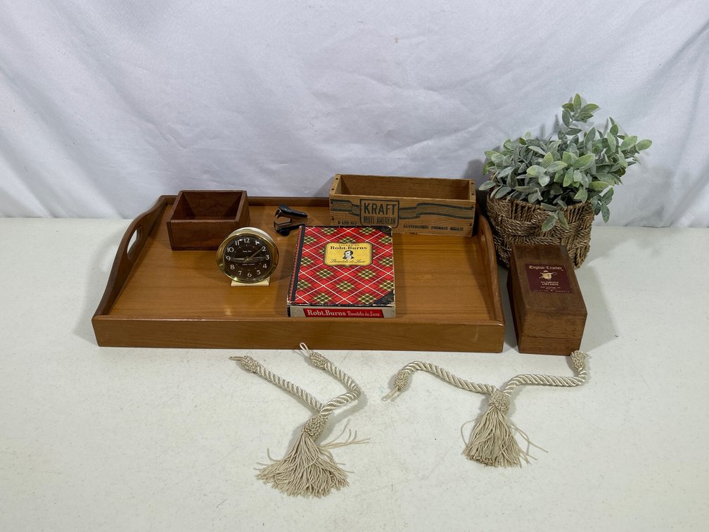 Wooden Tray, Baby Ben Clock, Artificial Plant, Curtain Tie-Backs, Wooden & Cigar Boxes