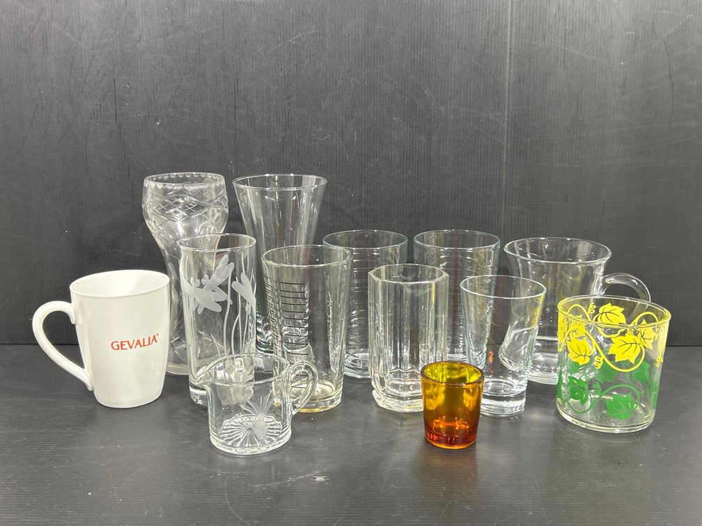 Glass Drinkware- Water Glasses, Pilsner, Vase, Mugs, Creamer, Amber Shot Glass